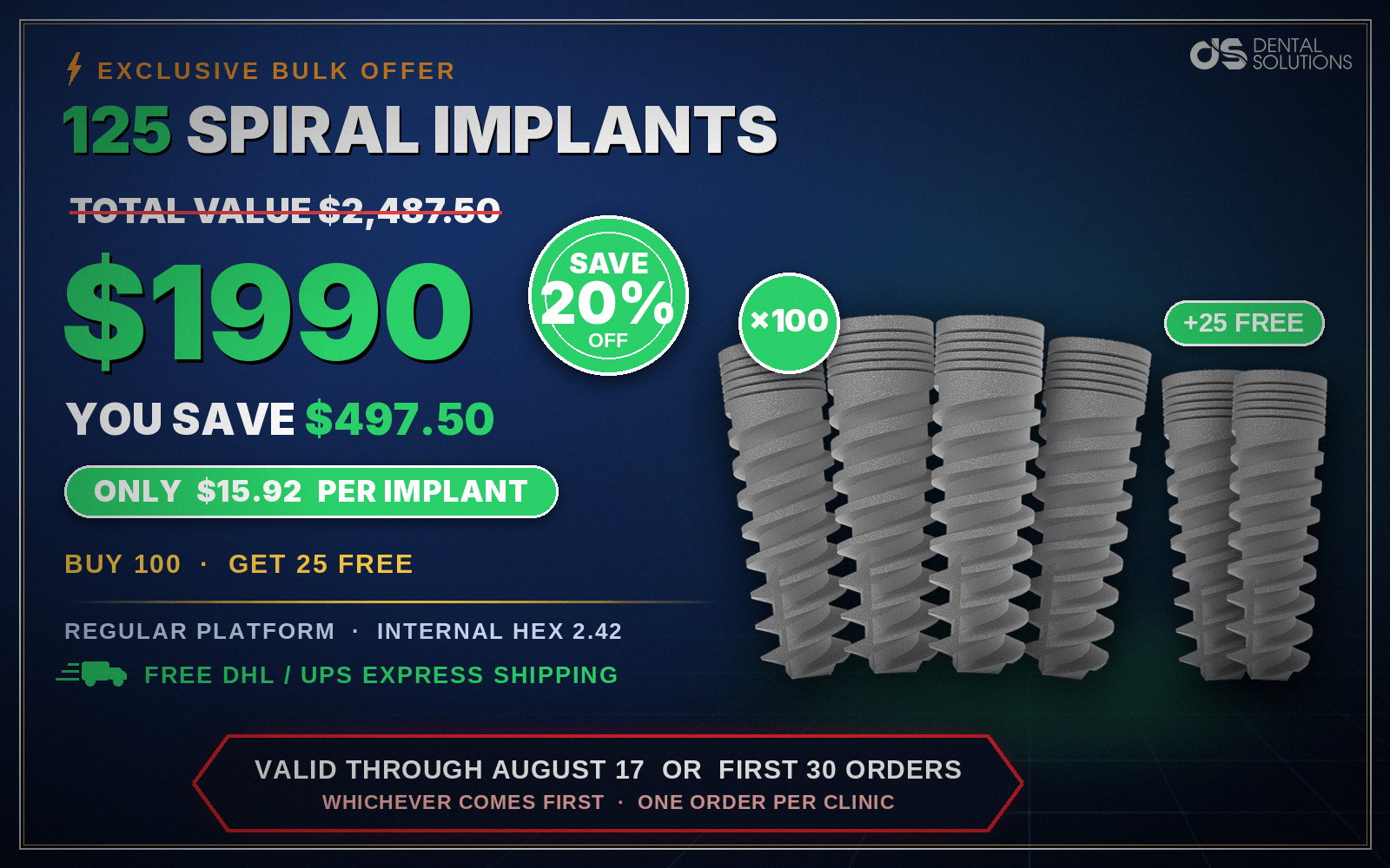 125 Spiral Implants — Buy 100, Get 25 Free