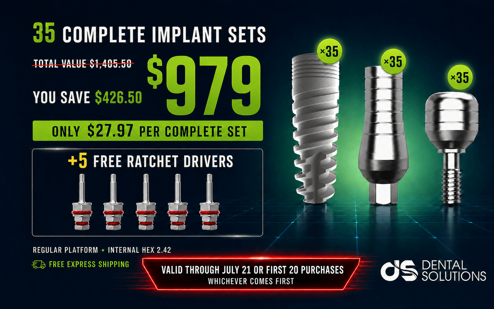 35 Implant Sets + 5 Free Ratchet Drivers